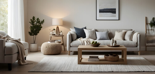 Unwinding in a chic, simple living room, savoring the tranquility of a thoughtfully curated space