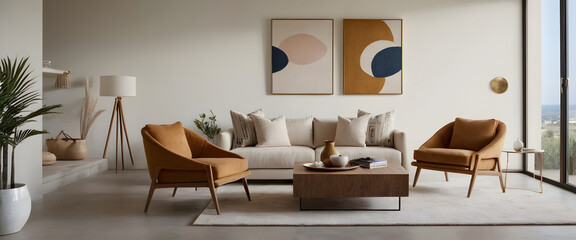 Relaxing on a comfortable sofa, enjoying the view of nature from a large window. The interior designers have created a peaceful and stylish space