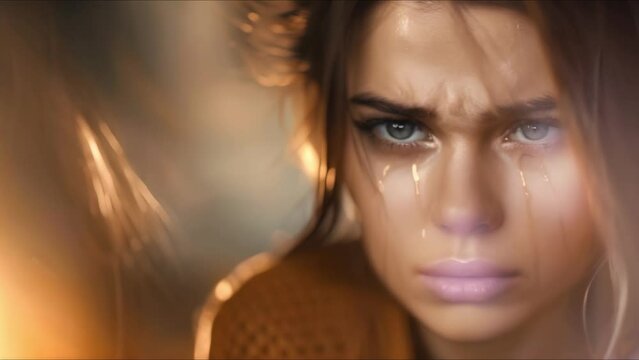 A young woman with a sad expression her face wet with tears. Concept Emotional Portraits, Crying Woman, Sadness Photography