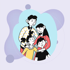 Happy family couple with son and daughter. Parents and kids standing together and hugging flat vector illustration. Childhood, affection, support concept for banner, website design or landing web page