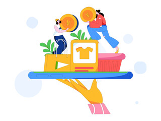 Holiday shopping people doing e-commerce online shopping flat vector concept operation hand drawn illustration
