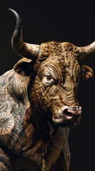 Image of a bull photographed with studio lights, a bull with a Japanese tattoo, on a black background.