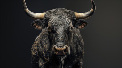 Naklejka premium Image of a bull photographed with studio lights, a bull with a Japanese tattoo, on a black background.