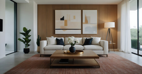 Spacious living room with a large white couch, wooden coffee table, and tasteful artwork, illuminated by warm natural light