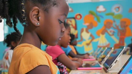 Engaging Summer Camp Activities: Kids Learning Coding and Digital Art on Tablets