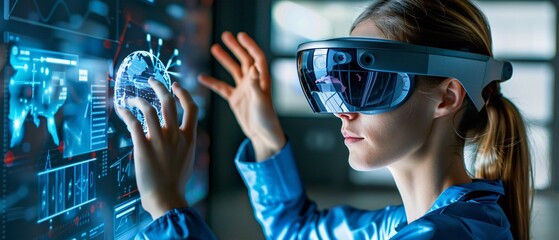 Immersed in Augmented Reality: Person Interacting with Futuristic Graphics in Advanced Tech Environment