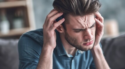  A man on a couch holds a cell phone to his ear with one hand He supports his head with the other