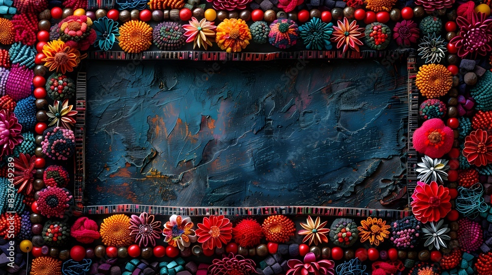 Poster colorful bohemian frame with eclectic beads and patterns isolated for copy space
