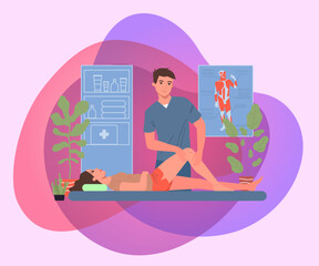 Massage therapist office. Client getting leg and knee massage leg and knee flat vector illustration. Wellness, spa salon, wellbeing concept for banner, website design or landing web page
