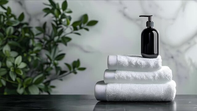 Mockup Presentation Template: Liquid Soap Bottle and Towels Indoor Background. Concept Mockup Presentation, Liquid Soap Bottle, Towels, Indoor Background