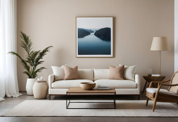 Using neutral tones, natural elements, and minimalist furnishings, an interior designer sets the stage for a tranquil living room ambiance