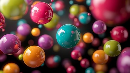  A group of multicolored balls seemingly suspended against a black backdrop, many in the foreground, giving an impression of hovering in mid-air