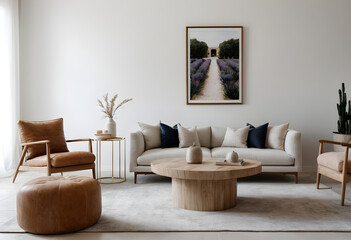 Serene living room with a neutral color scheme, natural textures, and simple decorations for a feeling of calm and relaxation