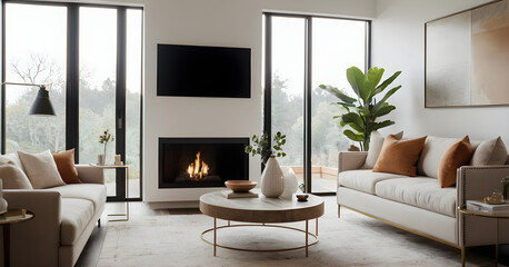 Creating a cozy and peaceful atmosphere in a modern living room with a fireplace, expansive windows, and chic decor