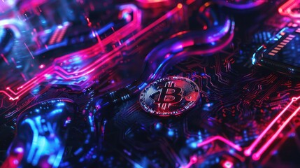 An atmospheric CGI image of blockchain-inspired elements and digital wallets against a backdrop of swirling patterns and neon lights, symbolizing the dynamic nature of digital finance.
