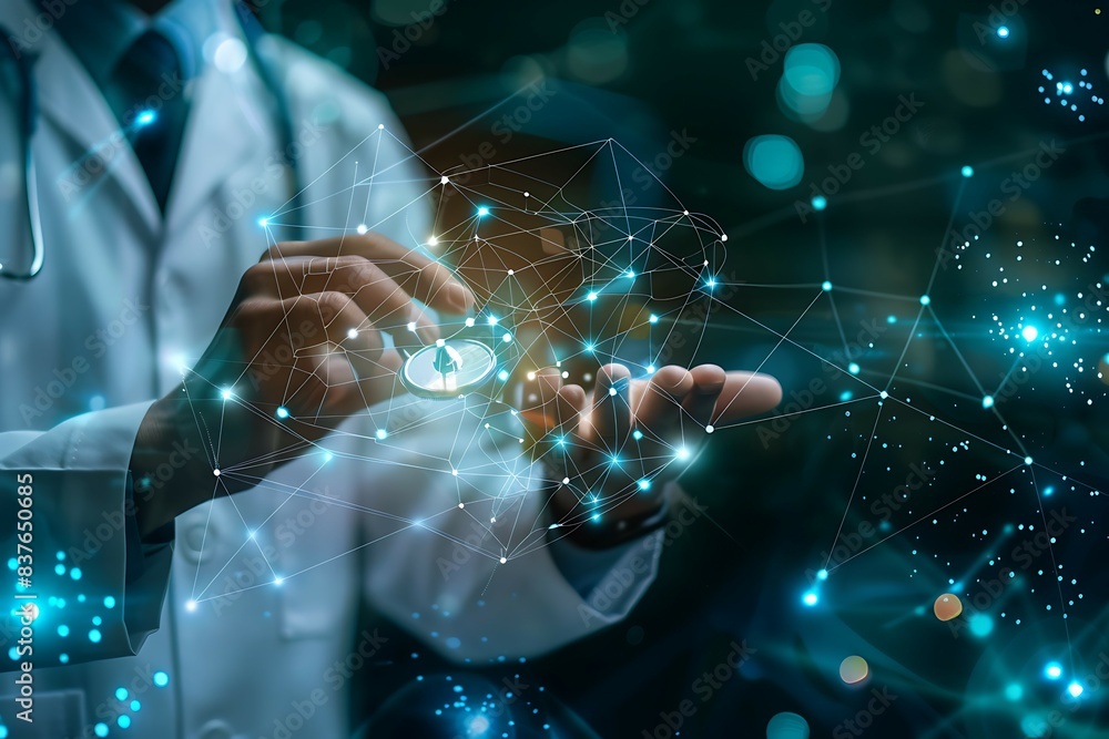 Poster close-up of a doctor on blurred background using digital network interface 3d rendering