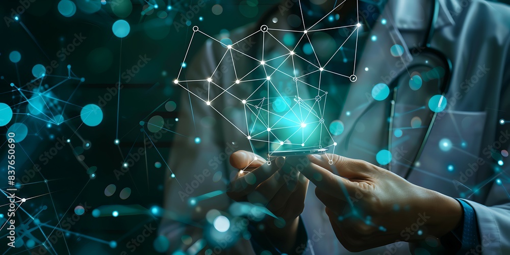 Aufkleber Close-up of a doctor on blurred background using digital network interface 3D rendering