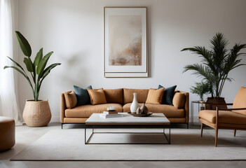 Relaxing in a serene modern living room adorned with minimalist furniture and vibrant green plants