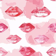 A seamless pattern background radiating sweetness and love. Watercolor lips in soft pinks and reds form a dynamic repeating pattern, playfully leaving kiss marks. Illustrator style.
