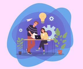 Young man and woman working on laptop together. Happy startup team brainstorming vector illustration. Lightbulb, gears on background. Teamwork, creativity concept for banner, web design, landing page