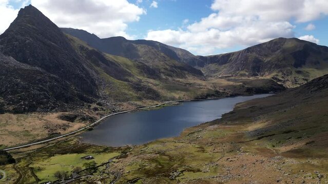 Aerial view of the Ogwen Valley and Snowdonia in North Wales, with Llyn Ogwen and the A5 road