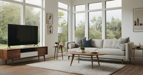 Obraz premium Bright and airy living room adorned with natural elements and bathed in sunlight streaming through expansive windows