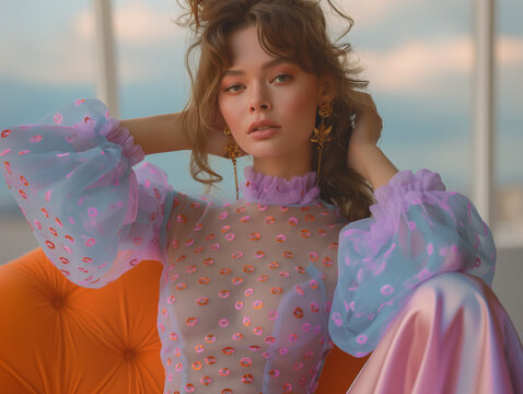 A young woman in a sheer polka dot top and satin skirt poses on an orange couch. The setting sun casts a warm glow through the window behind her. Beauty fashion photography.