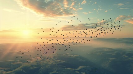 A flock of birds migrating across a vast landscape