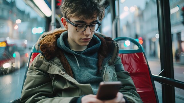 An atmospheric photo of a trendy young man sitting comfortably on a bus seat, browsing his mobile phone.  - Powered by Adobe