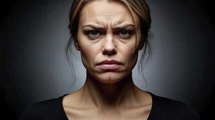 Obraz premium Frowning face - Premature menopause upset white woman - Facial movements and expressions lead to fine lines and wrinkles