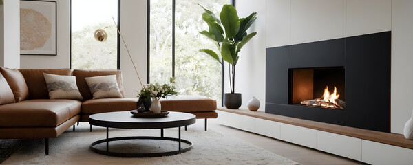 Relaxing in a modern living room with a cozy fireplace, enjoying the warmth and ambiance on a comfortable couch