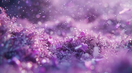  close-up shot of a purple plant features dewdrops atop and its base, against a softly blurred background