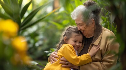 Fototapeta premium A young girl embraces her grandmother among greenery, conveying a deep bond