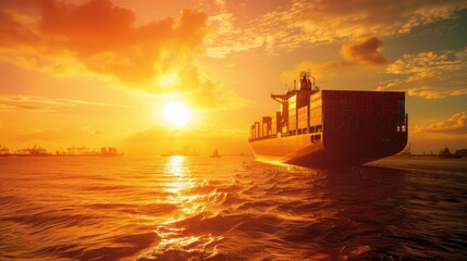 Naklejka premium An atmospheric shot of a container cargo freight ship silhouetted against the sunrise, symbolizing the dawn of a new day in global trade.