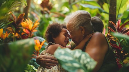 An elderly woman holds a young child close in a warm embrace amidst lush tropical foliage, highlighting family love and generations