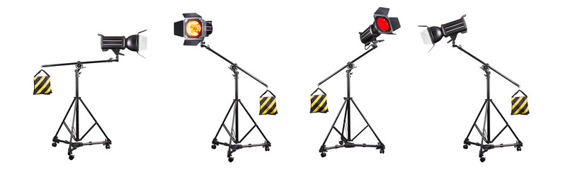 Photography studio flash on a lighting stand isolated on white background.