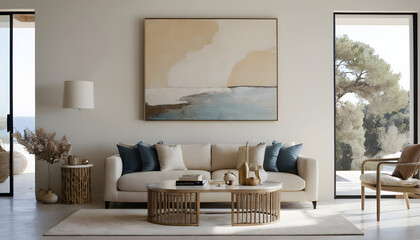 Interior designer adding final touches to the coffee table in a bright living room with a large ocean painting