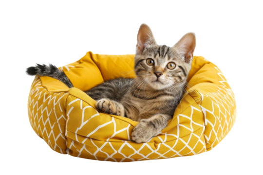 American Shorthair cat in multiple poses, lounging in a stylish yellow cat bed, showcasing comfort and elegance cut out transparent isolated on white background PNG file
