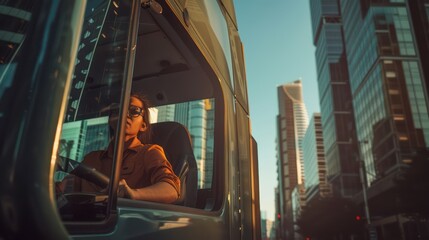 An urban portrait of a female truck driver photographed through the window of her rig, with the skyscrapers of the city rising up behind her as she drives through downtown. 