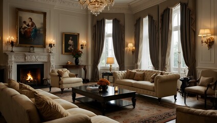 The sophistication of a drawing room filled with classical music, the air rich with the scent of freshly brewed coffee and lively conversation ai_generated