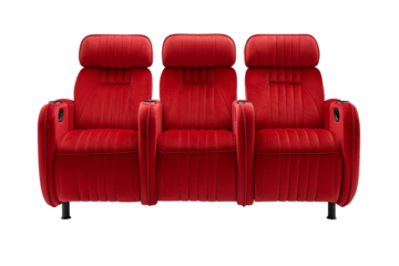 Three plush luxury red cinema seats, designed for premium comfort and style perfect for home theaters or high-end cinemas cut out transparent isolated on white background PNG file