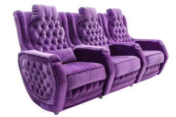 Comfortable purple recliner sofa with dual seats and built-in cup holders, perfect for home theater or relaxation cut out transparent isolated on white background PNG file
