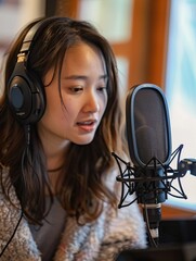 A solo Asian female podcaster is recording with a mic, headphones, and adjusting sound gear intently.
