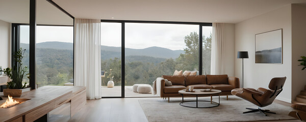 Taking in the view of nature from a bright, airy living room.  The room is minimally decorated in warm, neutral tones
