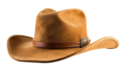 Classic brown leather cowboy hat featuring a stylish braided band, ideal for Western-themed outfits and outdoor activities cut out transparent isolated on white background PNG file
