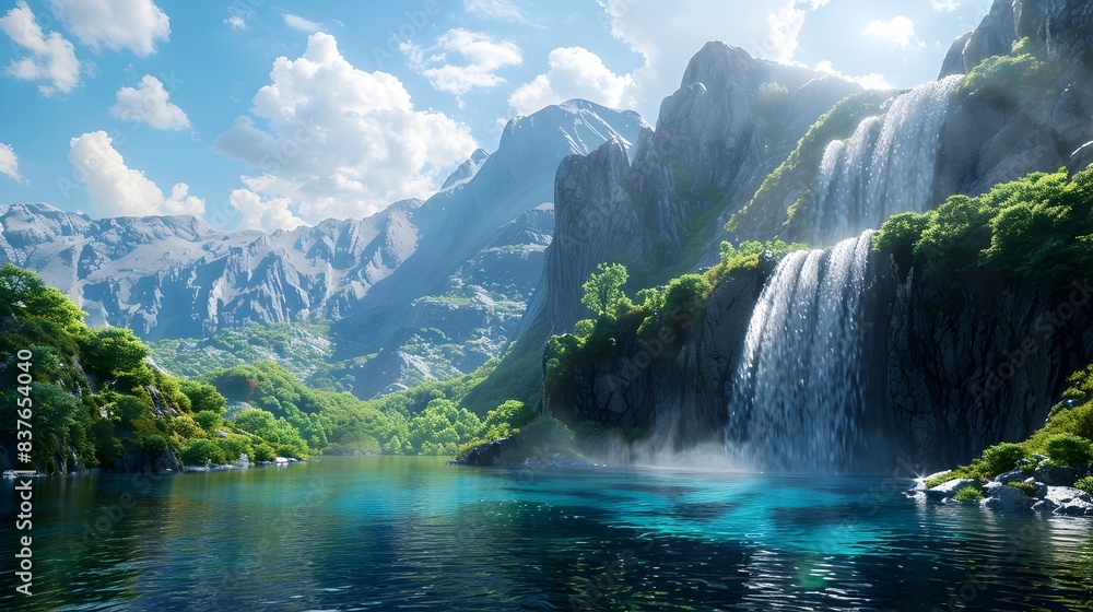 Poster Serene Waterfall Cascading into Crystal Clear Mountain Lake Amidst Lush Greenery and Towering Peaks