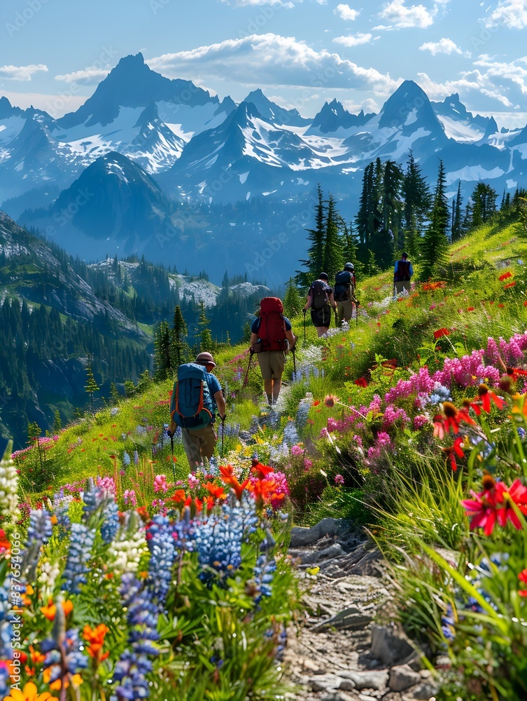 Wall mural hikers traversing rugged mountain trail amid vibrant wildflowers and breathtaking vistas