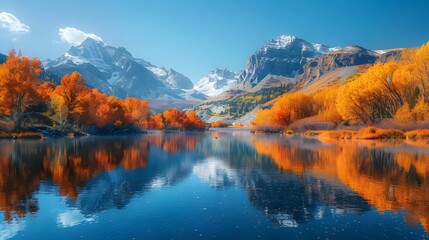 Serene Mountain Lake Surrounded by Vibrant Autumn Foliage Reflecting the Majestic Landscape in its Tranquil Waters