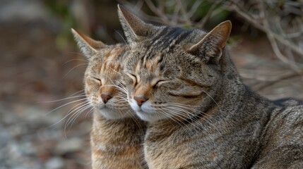  A close-up of a cat with its head resting on another cat's back, eyes closed Cat below has its eyes wide open