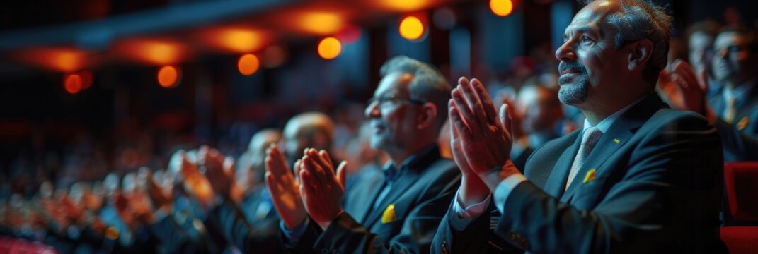Audience applauding enthusiastically during a live performance or event, showcasing support and appreciation in a brightly lit theater.